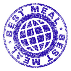 BEST MEAL stamp print with grunge texture. Blue vector rubber seal print of BEST MEAL label with scratched texture. Seal has words placed by circle and globe symbol.