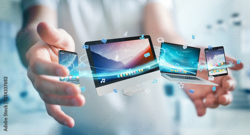 Aufkleber Businessman connecting tech devices and icons applications 3D rendering