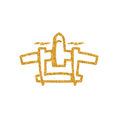 Vintage airplane icon in gold glitter texture. Sparkle luxury style vector illustration.