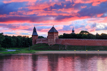 Naklejka na ściany i meble Scenic sunset over the towers of Kremlin fortress in Veliky Novgorod, Russia