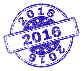 2016 stamp seal imprint with grunge texture. Designed with rounded rectangles and circles. Blue vector rubber print of 2016 text with dust texture.