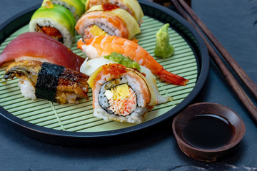 japanese sushi set with shoyu and shop-stick