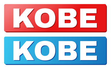 KOBE text on rounded rectangle buttons. Designed with white caption with shadow and blue and red button colors.