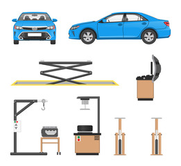 Naklejka premium Set of Tools for Car Repairing and Blue Sedan
