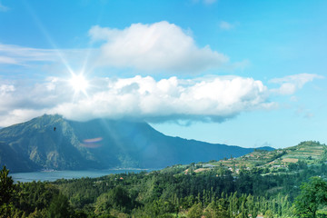 Fototapeta premium Active Indonesian volcano Batur on the tropical island of Bali. View of great volcano Batur. Beautiful landscape.