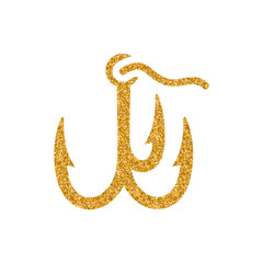 Obraz premium Fishing hook icon in gold glitter texture. Sparkle luxury style vector illustration.