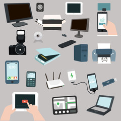 Technology items set. System unit, mobile phone, terminal, etc. Vector illustration.