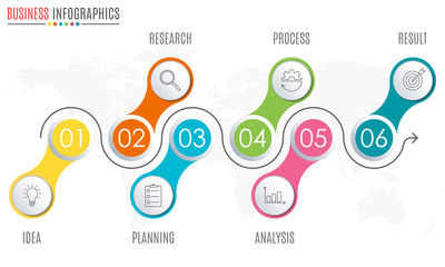 6 steps infographic design. Template for diagram, graph and chart. Timeline design with 6 levels, options, circles. Business presentation concept. Vector illustration.