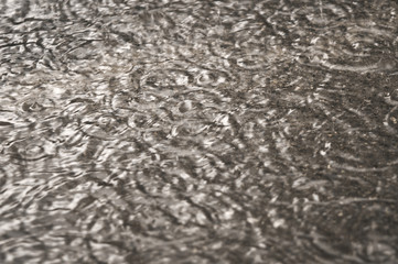 Rain drops falling in a big puddle on urban asphalt in the town. Raindrops close-up, bad weather in summer city