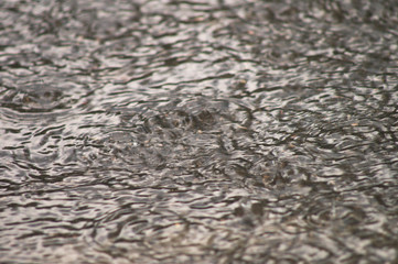 Rain drops falling in a big puddle on urban asphalt in the town. Raindrops close-up, bad weather in summer city