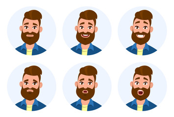 Set of male facial emotions. Different male emotions set.Man emoji character with different expressions.