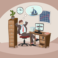 Cartoon man in the office dreams of a holiday. Flat vector illustration