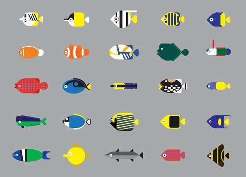Funny Saltwater Fish Icons Cartoon Vector Illustration Stock Vector | Adobe  Stock