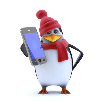 Vector 3d Christmas penguin has a new smartphone