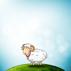 Cartoon Holy Sheep Character at the Hill with Sky Lights