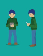 Obraz premium People with Gadget Set, Boy using gadget while standing Cartoon Vector Illustration