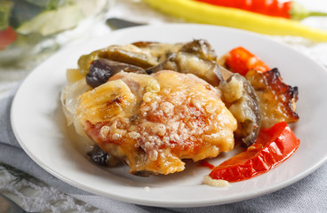 Traditional rustic stew of chicken and vegetables on plate with tomatoes, peppers
