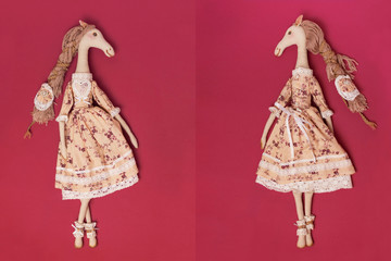 Homemade puppet front and back. Doll in the form of a horse in a cloth dress. The puppet  is made of textiles and yarn.