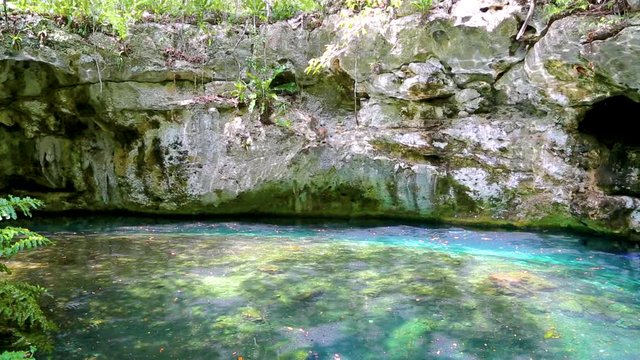 Дайверы плывут под водой в голубом озере пещера мечты ворота Сенот возле Дос Охос, Мексика.