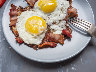 fried eggs with bacon and red pepper, fork