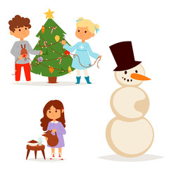 Christmas kids vector character playing winter games winter children holidays christmas tree cartoon new year xmas kid