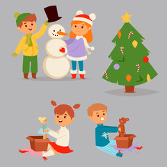 Fototapeta premium Christmas kids vector character playing winter games winter children holidays christmas tree cartoon new year xmas kid