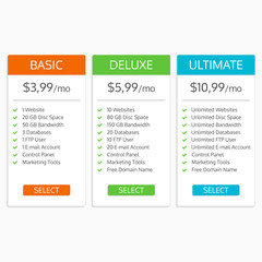 Pricing table template. Hosting plans comparison. Banners for websites and app. Vector illustration.