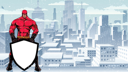 Illustration of powerful superhero holding big shield on winter city background. © Malchev