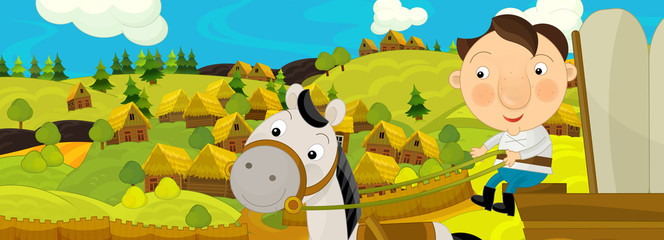 Obraz na płótnie Canvas cartoon scene with farmer near the farm village riding in traditional carriage with a horse - illustration for children