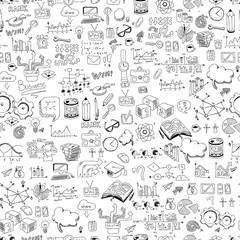 White pattern Back to Schook. Concept of education. School background with hand drawn school supplies and comic speech bubble with Back to School lettering on blackboard.