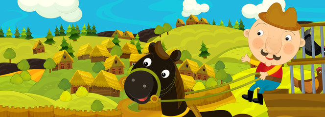Obraz na płótnie Canvas cartoon scene with farmer near the farm village riding in traditional carriage with a horse - illustration for children