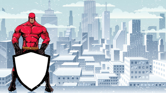 Illustration of powerful superhero holding big shield on winter city background.
