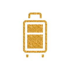 Traveling suitcase icon in gold glitter texture. Sparkle luxury style vector illustration.