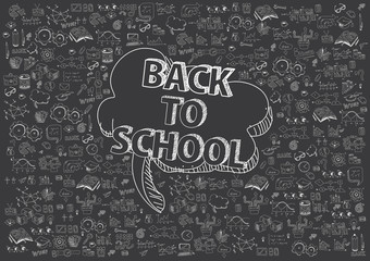 Concept of education. School background with hand drawn school supplies and comic speech bubble with Back to School lettering on blackboard.