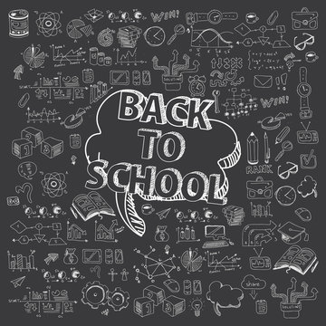 Concept of education. School background with hand drawn school supplies and comic speech bubble with Back to School lettering on blackboard.