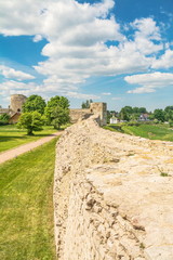 Fototapeta na wymiar The fortress wall of the ancient fortress Izborsk in the Pskov region
