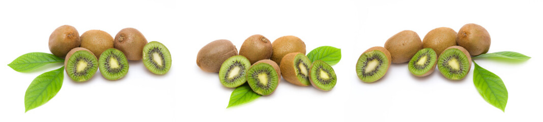 Panoramic view of a  Kiwi on white background. Composition of kiwi on white background.