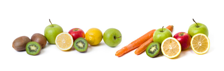 Panoramic view of a  Lemon with apples and kiwi on white background. Kiwi with lemon on a white background. Fruits on a white background.