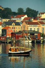 Germany - the bay in Flensburg city. Boats and colorful buildings