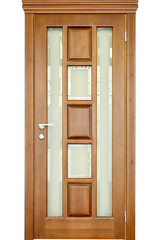 Wooden interior door of rhickory or walnut wood with silver handle and insets of frosted and mirror glass with ornament isolated on white