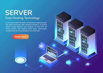 Isometric web banner Server room and hosting storage technology