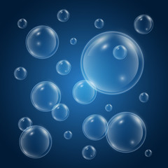 Water bubbles with reflection on blue background. Realistic underwater bubbles. 3d bubble. Fizzing air bubbles. Vector illustration