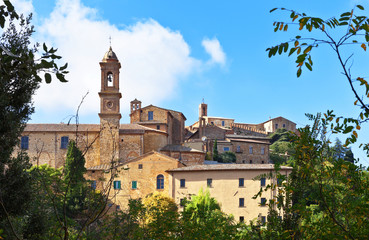 Fototapeta na wymiar Italy. Tuscany. View of the medieval town of Montepulciano with the bell towers of ancient churches from the city park on a sunny autumn morning