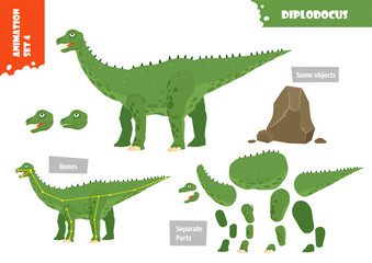 Cartoon Style Dinosaur Diplodocus Character For Animation Set. Vector Illustration