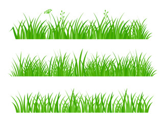 Beautiful Fresh Green Spring Gras. Set of Borders for Use as Design Elements Isolated on White Background. Cartoon Style Vector Illustration