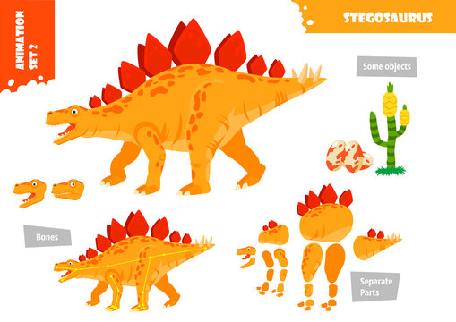 Cartoon Style Dinosaur Stegosaurus Character For Animation Set. Vector Illustration