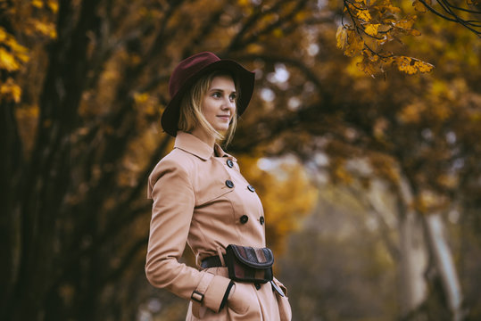 Stylish woman in the autumn park with yellow leaves