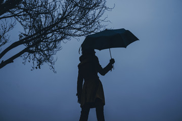 Silhouette of a woman under an umbrella waiting for a storm. Autumn rain