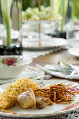 Asia food table setting with flower open air
