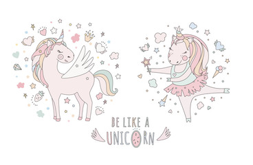 Unicorn vector sweet cute illustration. Magic fantasy design. Cartoon rainbow animal isolated horse. Fairytale unicorn print poster.